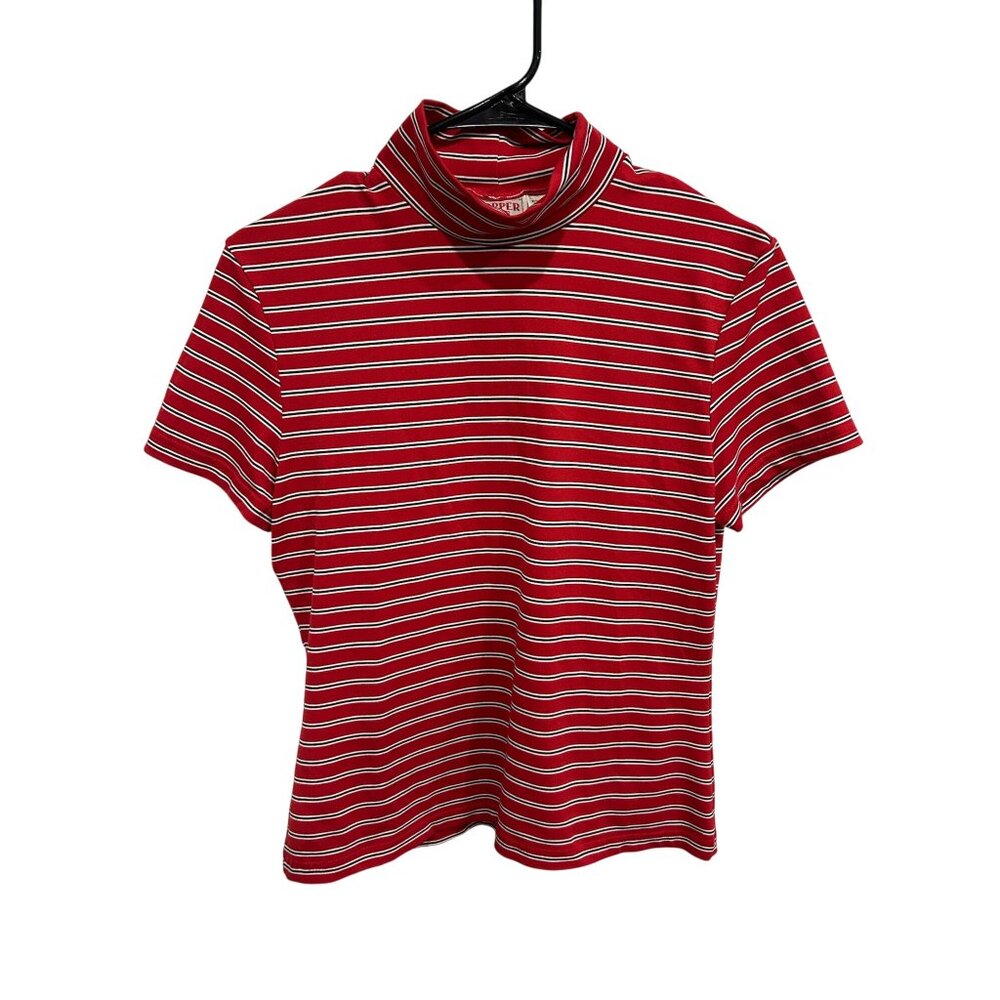 Copper Key Red White Striped Short Sleeve Mock Neck Top Size Large Modern Casual